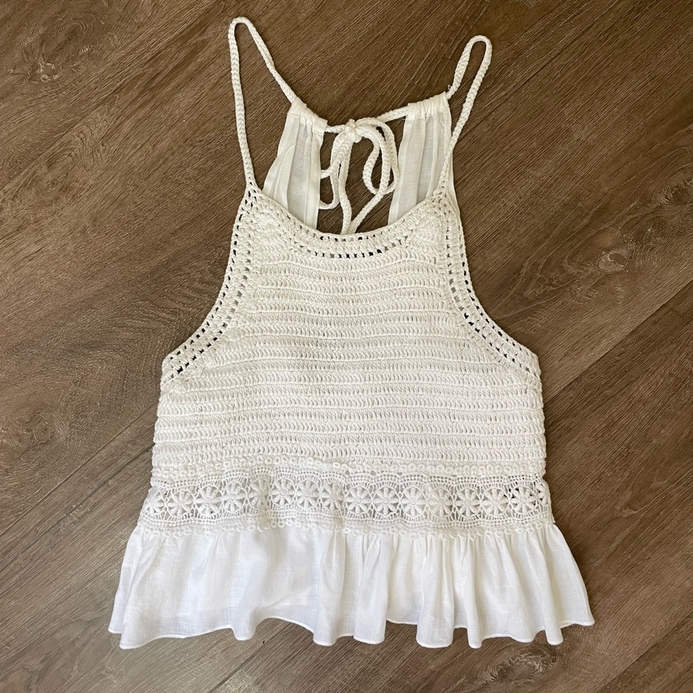 GOA Beachwear By Japna Sleeveless Crochet Coverup Top White Tie Strap ~ Size S - Picture 4 of 10